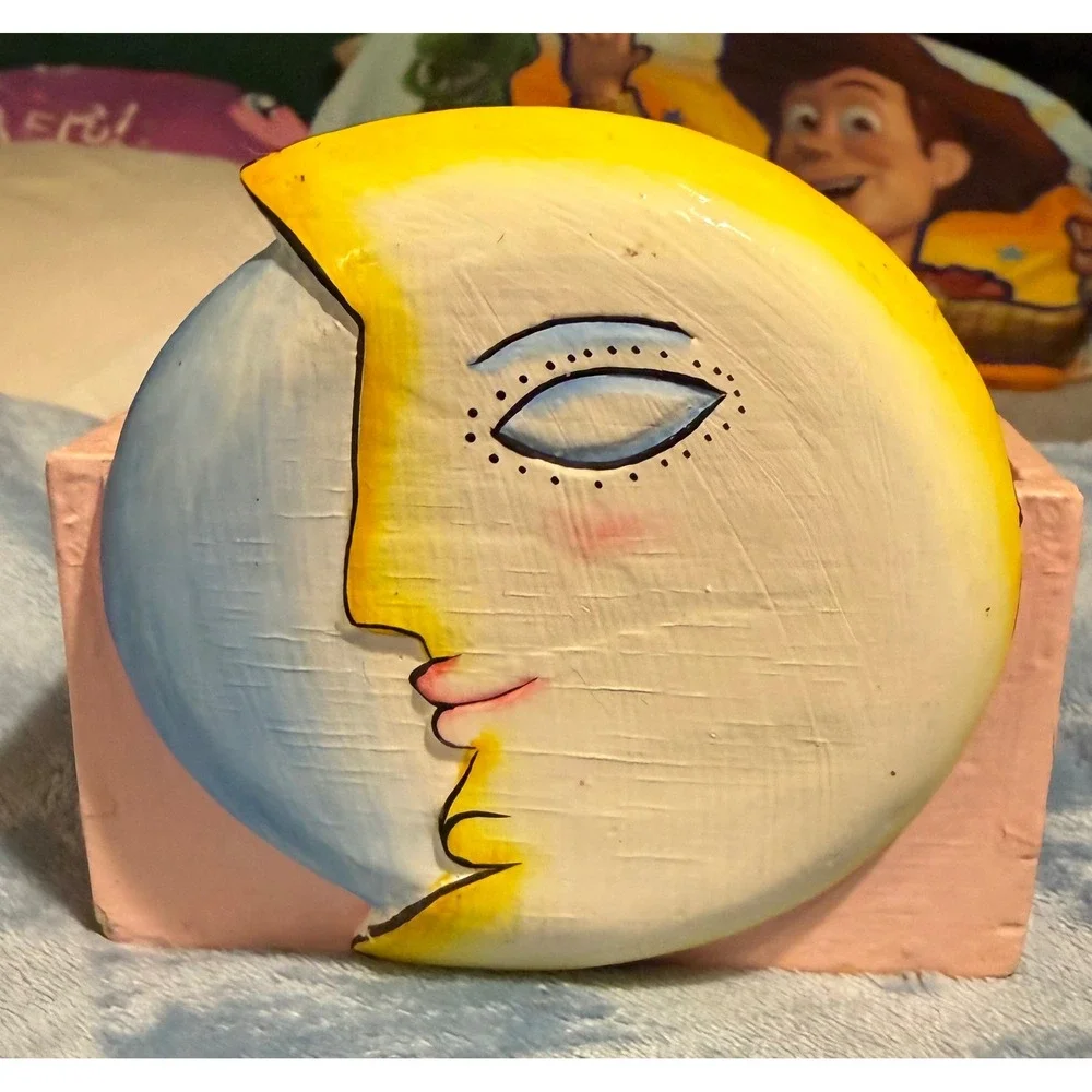 Vintage Celestial Moon Face Coaster Set with Pink Wooden Holder Hand Painted 5pc